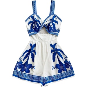 image:imageMakeMeChic Womens Summer Boho Rompers Floral Tropical Twist Cut Out Wide Leg Shorts JumpsuitBlue White