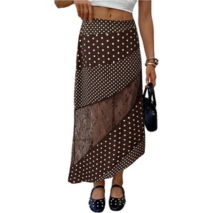 image:imageMakeMeChic Womens Summer Midi Skirts Boho Floral Lace Polka Dots Asymmetrical Ruffle SkirtCoffee Brown