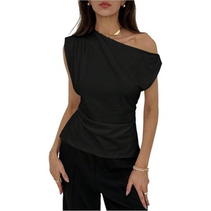 image:imageMakeMeChic Womens Summer Off The Shoulder Asymmetrical Tank Top Cinched Waist Tie Back Business Casual TopsBlack