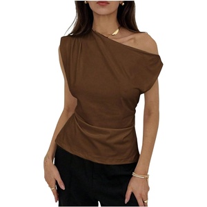 image:imageMakeMeChic Womens Summer Off The Shoulder Asymmetrical Tank Top Cinched Waist Tie Back Business Casual TopsBrown