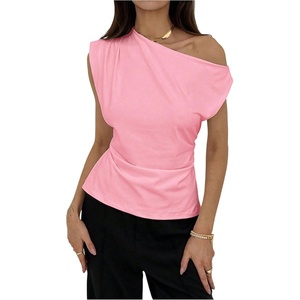 image:imageMakeMeChic Womens Summer Off The Shoulder Asymmetrical Tank Top Cinched Waist Tie Back Business Casual TopsPink