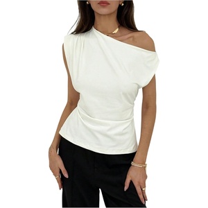 image:imageMakeMeChic Womens Summer Off The Shoulder Asymmetrical Tank Top Cinched Waist Tie Back Business Casual TopsWhite