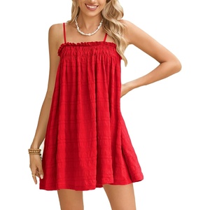 image:imageMakeMeChic Womens Sundress Beach Dress Sleeveless Ruffle Swing Shirred Casual Flowy Babydoll Summer Mini DressesRed
