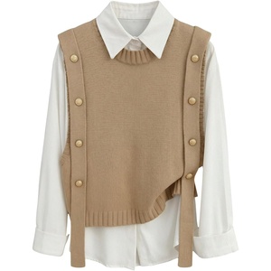 image:imageMakeMeChic Womens Sweater Vest Knit Sleeveless Metal Button Retro Vintage TopsKhaki