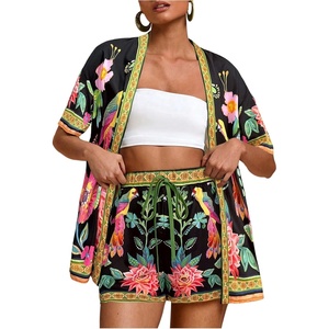 image:imageMakeMeChic Womens Two Piece Sets Summer Tropical Vacation Outfits Boho Floral Kimono Tops Shorts SetBlack