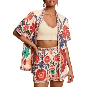 image:imageMakeMeChic Womens Two Piece Sets Summer Tropical Vacation Outfits Boho Floral Kimono Tops Shorts SetBoho Pink and Beige