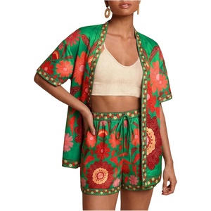 image:imageMakeMeChic Womens Two Piece Sets Summer Tropical Vacation Outfits Boho Floral Kimono Tops Shorts SetGreen