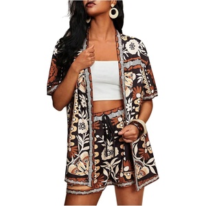 image:imageMakeMeChic Womens Two Piece Sets Summer Tropical Vacation Outfits Boho Floral Kimono Tops Shorts SetKhaki