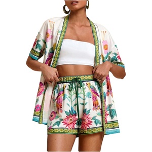 image:imageMakeMeChic Womens Two Piece Sets Summer Tropical Vacation Outfits Boho Floral Kimono Tops Shorts SetMulticolor