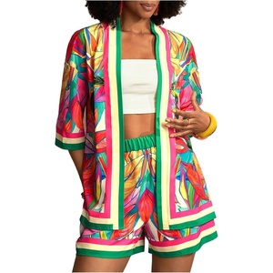 image:imageMakeMeChic Womens Two Piece Sets Summer Tropical Vacation Outfits Boho Floral Kimono Tops Shorts SetPink and Green