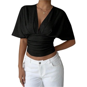 image:imageMakeMeChic Womens Y2k Crop Tops Deep V Neck Dolman Sleeve Tops Summer Blouse Going Out TopsBlack