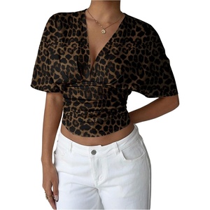 image:imageMakeMeChic Womens Y2k Crop Tops Deep V Neck Dolman Sleeve Tops Summer Blouse Going Out TopsBrown Cheetah