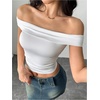 image:imageMAKEMECHIC Womens Off The Shoulder Crop Tops Y2k Ruched Short Sleeve Fitted T ShirtsWhite