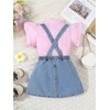 image:imageMakeMeChic Toddler Baby Girls 2 Piece Cute Outfits Cap Sleeve Collared Button Down Shirt and Denim Overall Skirt SetsBlue and Pink