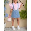 image:imageMakeMeChic Toddler Baby Girls 2 Piece Cute Outfits Cap Sleeve Collared Button Down Shirt and Denim Overall Skirt SetsBlue and Pink