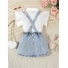 image:imageMakeMeChic Toddler Baby Girls 2 Piece Cute Outfits Cap Sleeve Collared Button Down Shirt and Denim Overall Skirt SetsLight Blue