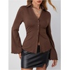 image:imageMakeMeChic Womens Button Down Bell Sleeve Tops Collared Blouse Office Work Shirts Business Casual OutfitsCoffee Brown