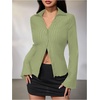 image:imageMakeMeChic Womens Button Down Bell Sleeve Tops Collared Blouse Office Work Shirts Business Casual OutfitsGreen