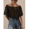 image:imageMakeMeChic Womens Club Party Glitter Sequin Sheer T Shirt Mesh Off The Shoulder Short Sleeve Crop TopsBlack