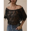 image:imageMakeMeChic Womens Club Party Glitter Sequin Sheer T Shirt Mesh Off The Shoulder Short Sleeve Crop TopsBlack