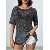 image:imageMakeMeChic Womens Concert Outfits Sequin Tops Summer Mesh Sheer Short Sleeve See Through Black T Shirts BlouseBlack Galaxy