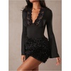 image:imageMakeMeChic Womens Deep V Neck Lace Tops T Shirt Bell Sleeve Rave Party Going Out Tops Black Large