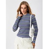 image:imageMakeMeChic Womens Fall Striped Vintage Tee Shirt Long Sleeve Mock Neck Fitted TopsPurple