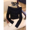 image:imageMakeMeChic Womens Fall Y2K Off The Shoulder Tee Shirt Long Sleeve Ruched Graphic TeesBlack