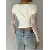 image:imageMakeMeChic Womens Floral Lace Tee Shirt Long Sleeve Cowl Neck Ruched Fall Elegant Crop TopsWhite