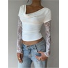 image:imageMakeMeChic Womens Floral Lace Tee Shirt Long Sleeve Cowl Neck Ruched Fall Elegant Crop TopsWhite