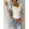 image:imageMakeMeChic Womens Floral Lace Tee Shirt Long Sleeve Cowl Neck Ruched Fall Elegant Crop TopsWhite