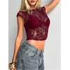 image:imageMakeMeChic Womens Floral Lace Tee Shirts Mesh Sheer Cap Sleeve Y2K Crop Concert Tops Summer OutfitMaroon