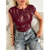 image:imageMakeMeChic Womens Floral Lace Tee Shirts Mesh Sheer Cap Sleeve Y2K Crop Concert Tops Summer OutfitMaroon