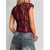image:imageMakeMeChic Womens Floral Lace Tee Shirts Mesh Sheer Cap Sleeve Y2K Crop Concert Tops Summer OutfitMaroon