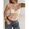 image:imageMakeMeChic Womens Floral Lace Tee Shirts Mesh Sheer Cap Sleeve Y2K Crop Concert Tops Summer OutfitYellow