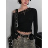 image:imageMakeMeChic Womens Floral Lace Trim Crop Tops Long Sleeve Asymmetrical Fall Y2K Going Out Tee ShirtsBlack