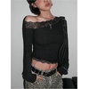 image:imageMakeMeChic Womens Floral Lace Trim Crop Tops Long Sleeve Asymmetrical Fall Y2K Going Out Tee ShirtsBlack