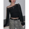 image:imageMakeMeChic Womens Floral Lace Trim Crop Tops Long Sleeve Asymmetrical Fall Y2K Going Out Tee ShirtsBlack
