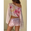 image:imageMakeMeChic Womens Floral Swimsuit Coverup Off The Shoulder Bell Sleeve Crop Tops Cover UpPink