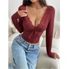 image:imageMakeMeChic Womens Lace Crop Top Deep V Neck Long Sleeve Y2K Going Out Tops Country Concert OutfitsRed