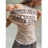 image:imageMakeMeChic Womens Lace T Shirt Y2k Off The Shoulder Letter Print Ruched Short Sleeve Casual TopsApricot