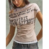 image:imageMakeMeChic Womens Lace T Shirt Y2k Off The Shoulder Letter Print Ruched Short Sleeve Casual TopsApricot
