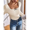image:imageMakeMeChic Womens Lace Trim Bow Knot Tee Shirt Long Sleeve Square Neck Y2K Fall TopsApricot