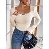 image:imageMakeMeChic Womens Lace Trim Bow Knot Tee Shirt Long Sleeve Square Neck Y2K Fall TopsApricot