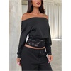 image:imageMakeMeChic Womens Lace Trim Off The Shoulder Tee Shirt Long Sleeve Fall Y2K Crop TopsBlack