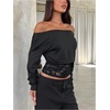 image:imageMakeMeChic Womens Lace Trim Off The Shoulder Tee Shirt Long Sleeve Fall Y2K Crop TopsBlack