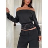 image:imageMakeMeChic Womens Lace Trim Off The Shoulder Tee Shirt Long Sleeve Fall Y2K Crop TopsBlack