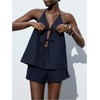 image:imageMakeMeChic Womens Linen Two Piece Set Summer Tie Front Halter Tops Linen Shorts Sets Beach Vacation OutfitsBlue