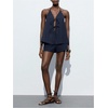 image:imageMakeMeChic Womens Linen Two Piece Set Summer Tie Front Halter Tops Linen Shorts Sets Beach Vacation OutfitsBlue