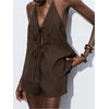 image:imageMakeMeChic Womens Linen Two Piece Set Summer Tie Front Halter Tops Linen Shorts Sets Beach Vacation OutfitsCoffee Brown